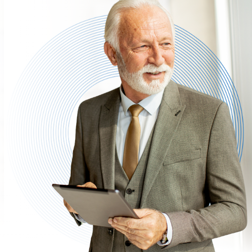 a procurement partnership director holding a mobile tablet