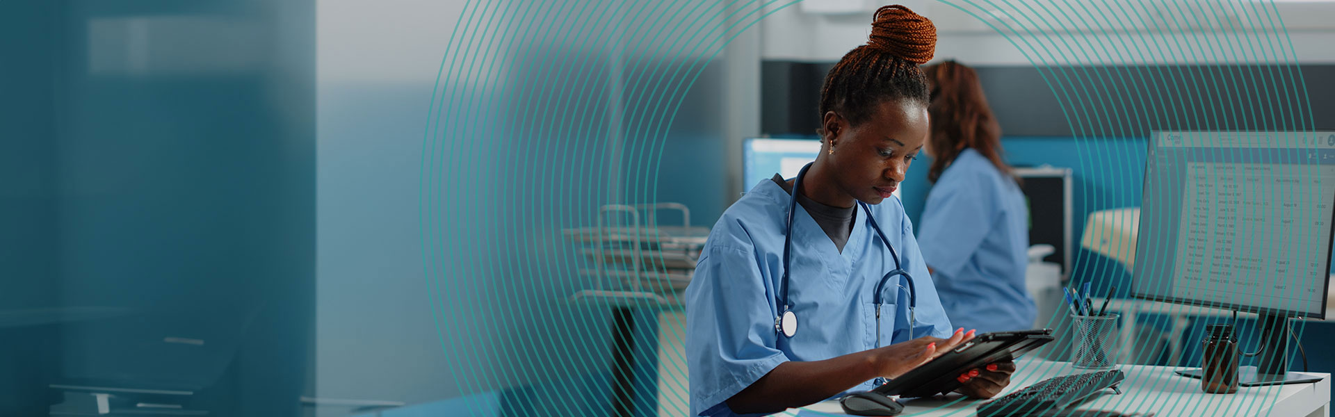 nurse holding digital tablet for checkup visit in doctors office. Black woman working as medical assistant, using device with touch screen for healthcare and medicine