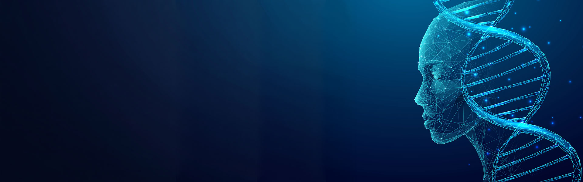 Digital Human face and DNA double helix on a blue technology background.
