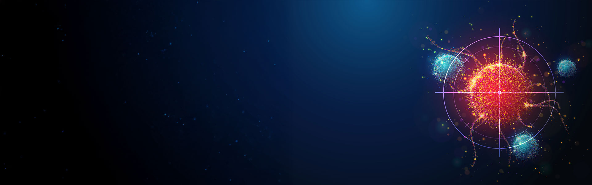 Abstract vertical illustration of targeting cancer cell made of glowing neon particles.