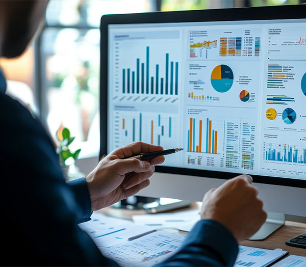 Business finance data analytics male worker analyzing graphs and charts on computer screen
