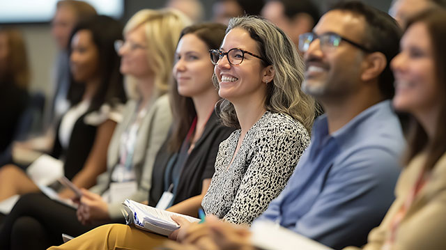 Diverse audience attentively listening to a presentation, smiling and engaged.