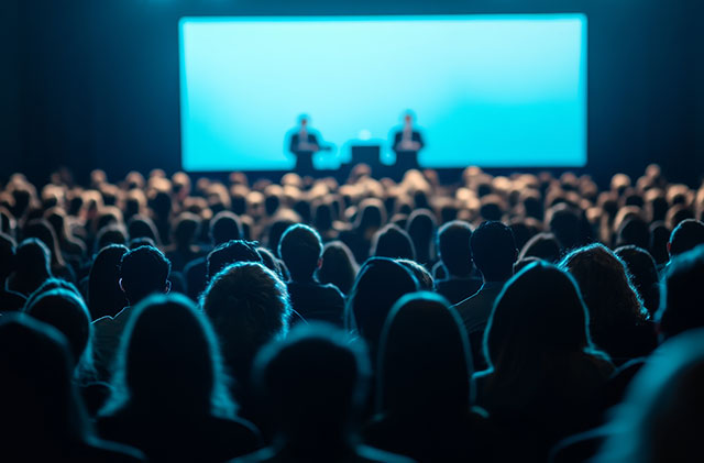 Large audience at a conference listening to speakers on stage with a big screen.